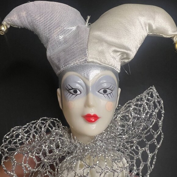 Vintage White & Silver Harlequin Jester Pierrot Clown Plastic Head Tree Ornament - Picture 5 of 5